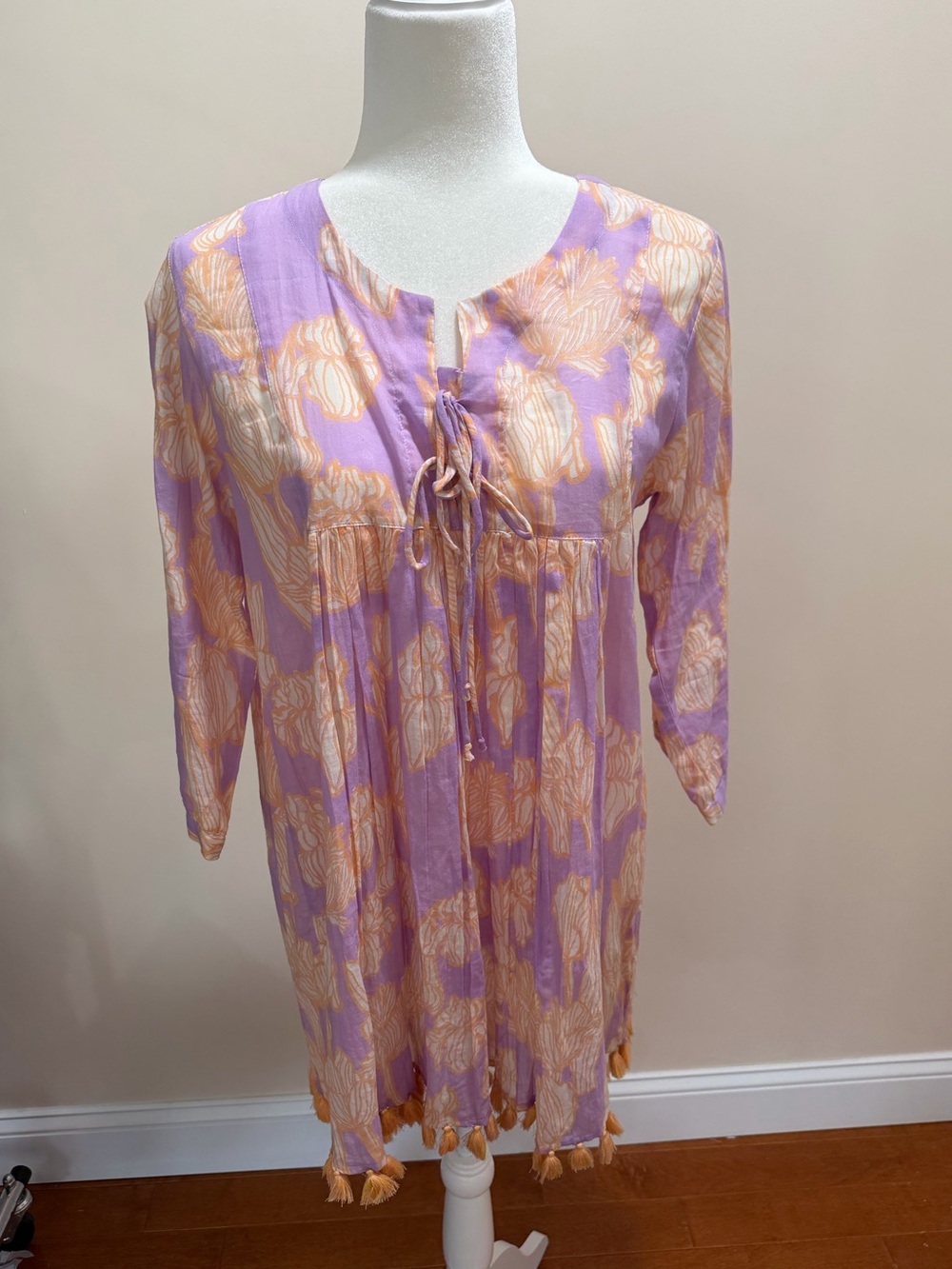 RO'S GARDEN Purple Floral Cotton 3/4 Sleeve Seychelles Tunic Coverup Dress XS